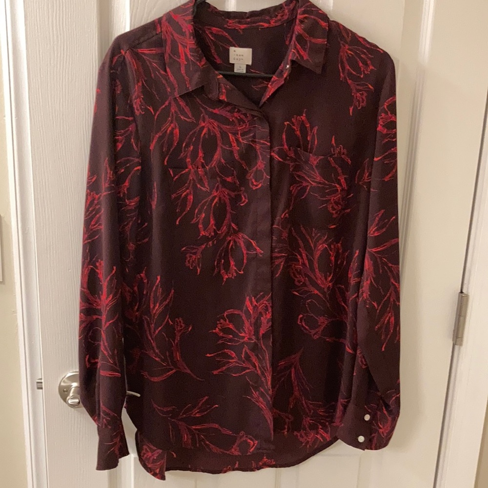 Maroon button down blouse with floral detail